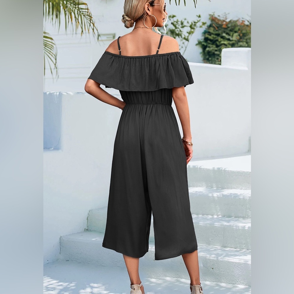 Black off the shoulder high waist wide leg jumpsuit - Picture 2 of 2